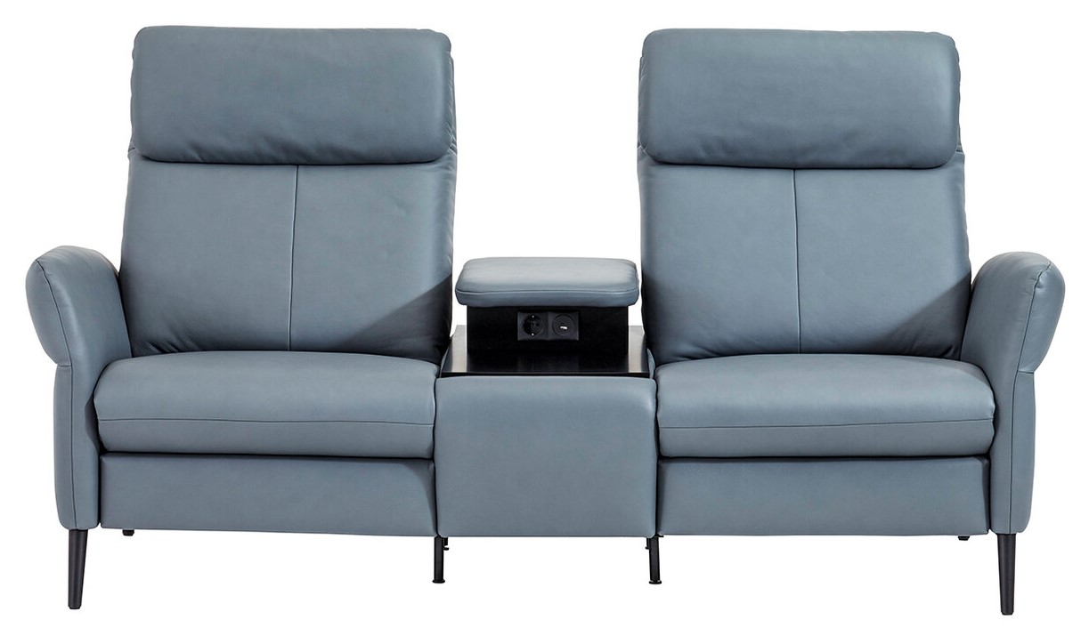 Sofa Fresno - 2-Sitzer mit Zwischenelement schwarz, inkl. Tisch/USB/Steckdose, Leder, Hellblau