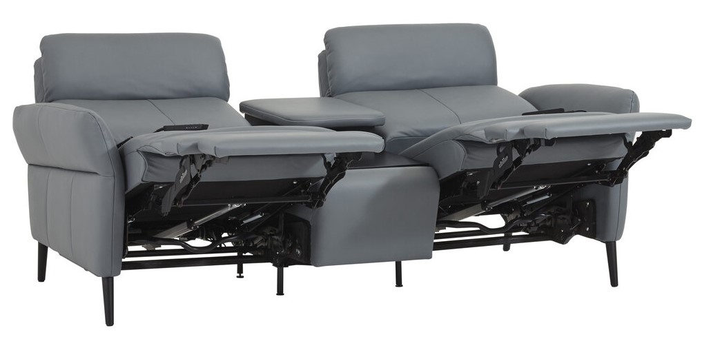 Sofa Fresno - 2-Sitzer inkl. Relaxfunktion motorisch mit Zwischenelement schwarz, inkl. Tisch/USB/Steckdose, Leder Hellblau