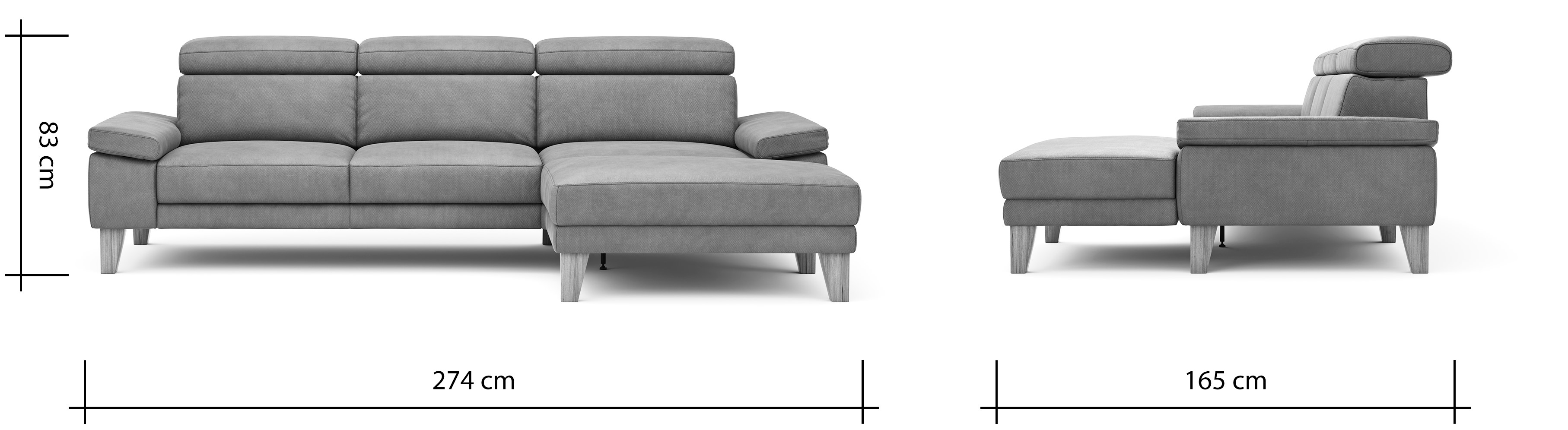 Ecksofa Hudson - 2,5-Sitzer mit Longchair rechts inkl. Kopfteil verstellbar, Stoff, Steingrau